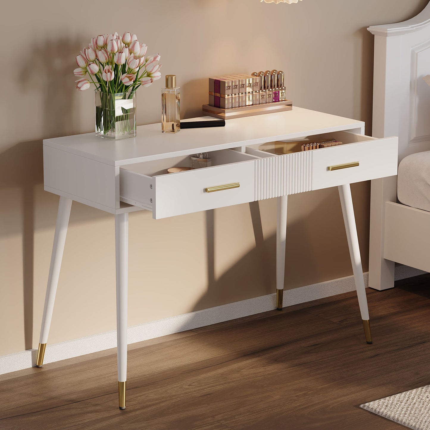 Schminktisch mit 2 Schubladen, Metallfüße, weiß, Maße: H 76 cm × B 100 cm × T 40 cm(ohne Spiegel)
