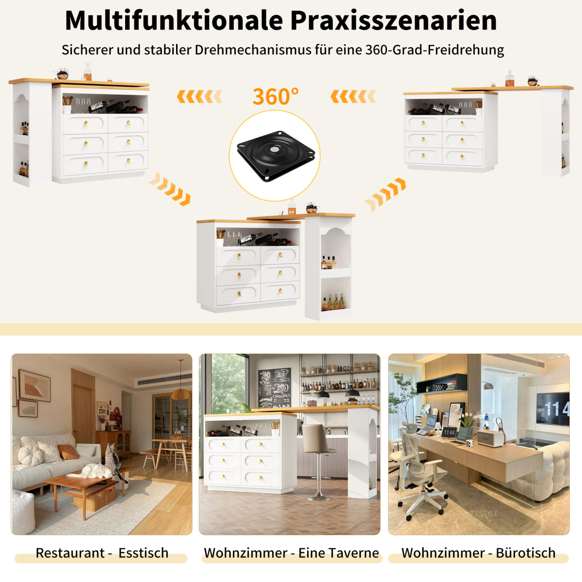Bartisch ausziehbar 138-203cm, 360° drehbarer Stehtisch mit 6 Schubladen & Snack-Regal, moderner Küchentisch, Schreibtisch & Bar, Weiß