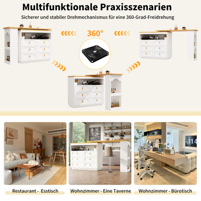 Bartisch ausziehbar 138-203cm, 360° drehbarer Stehtisch mit 6 Schubladen & Snack-Regal, moderner Küchentisch, Schreibtisch & Bar, Weiß