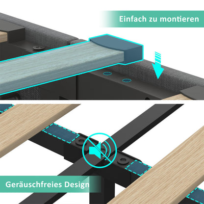 Polsterbett einzelbett,360-Surround-LED-Funktion, Drucktaste/App/Fernbedienung,90*200 cm, Grau Leinen-Material Hydraulisches Lagerbett, gepolstertes Kopfteil mit USB Typ-C Ladefunktion (Ohne Matratze)