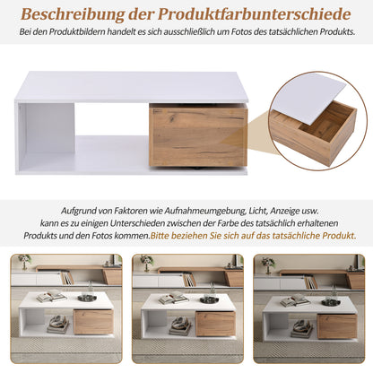 Design Couchtisch 90x50x30cm Weiß & Holz - Hochglanz Kaffeetisch mit 360° drehbarer Schublade & offenem Stauraum - Moderner Beistelltisch