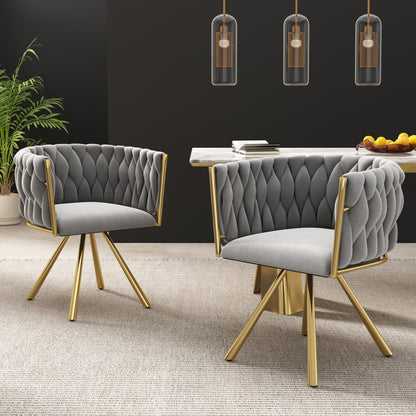 Samt-Esszimmerstuhl, einzelner heller Luxus-Wohnzimmer-Schlafzimmer-Drehstuhl, Freizeit-Drehstuhl mit vier Stützbeinen aus Metall,Grau und Gold