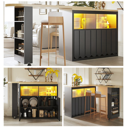 Ausziehbarer Bartisch 135-205cm mit LED & USB, Mobiler Hochtisch Schwarz, Teleskop-Kücheninsel mit Glas-Schiebetür & Soft-Close, Gestreift