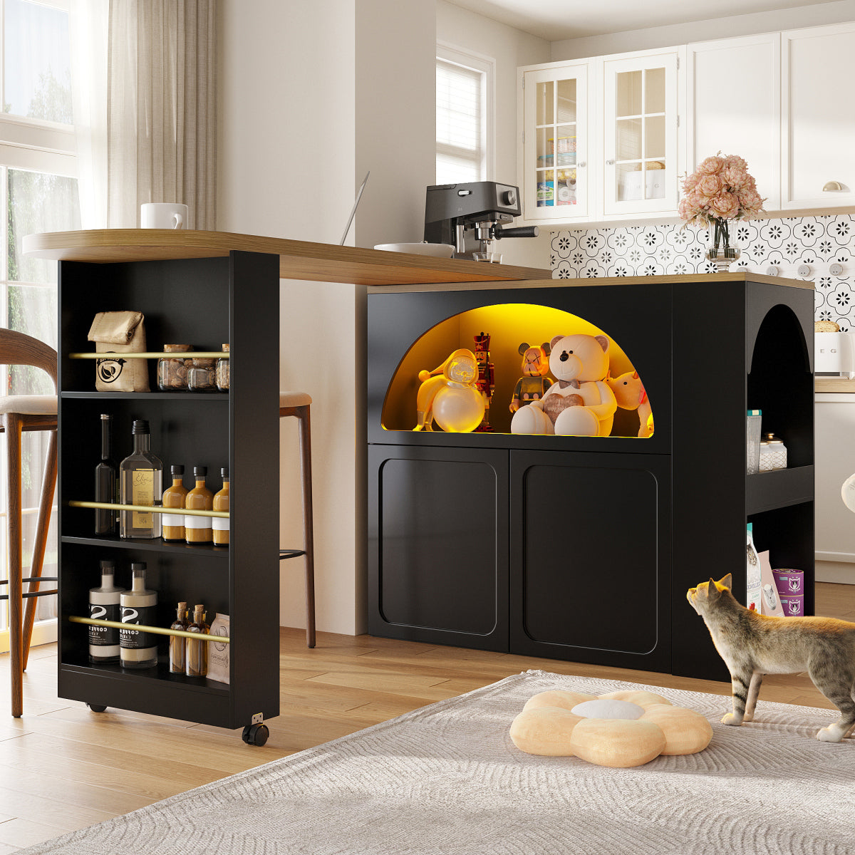 Ausziehbarer Bartisch 135-205cm mit LED & USB, Mobiler Hochtisch Schwarz, Teleskop-Kücheninsel mit Stauraum & Soft-Close, Modernes Bogendesign