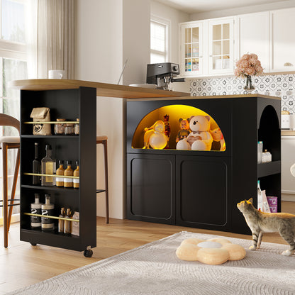Ausziehbarer Bartisch 135-205cm mit LED & USB, Mobiler Hochtisch Schwarz, Teleskop-Kücheninsel mit Stauraum & Soft-Close, Modernes Bogendesign