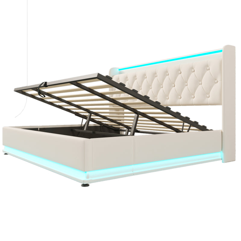 Polsterbett Doppelbett, 360-Surround-LED-Funktion, Drucktaste/App/Fernbedienung, 180*200 cm, weiß PU-Material Hydraulisches Lagerbett, gepolstertes Kopfteil mit USB Typ-C Ladefunktion (Ohne Matratze)