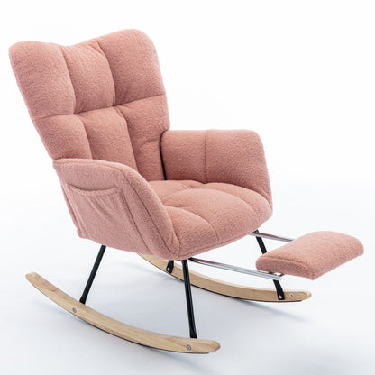 Neuer moderner Schaukelstuhl mit Polsterung und Teddystoff, mit ausziehbarer Fußstütze, Rosa