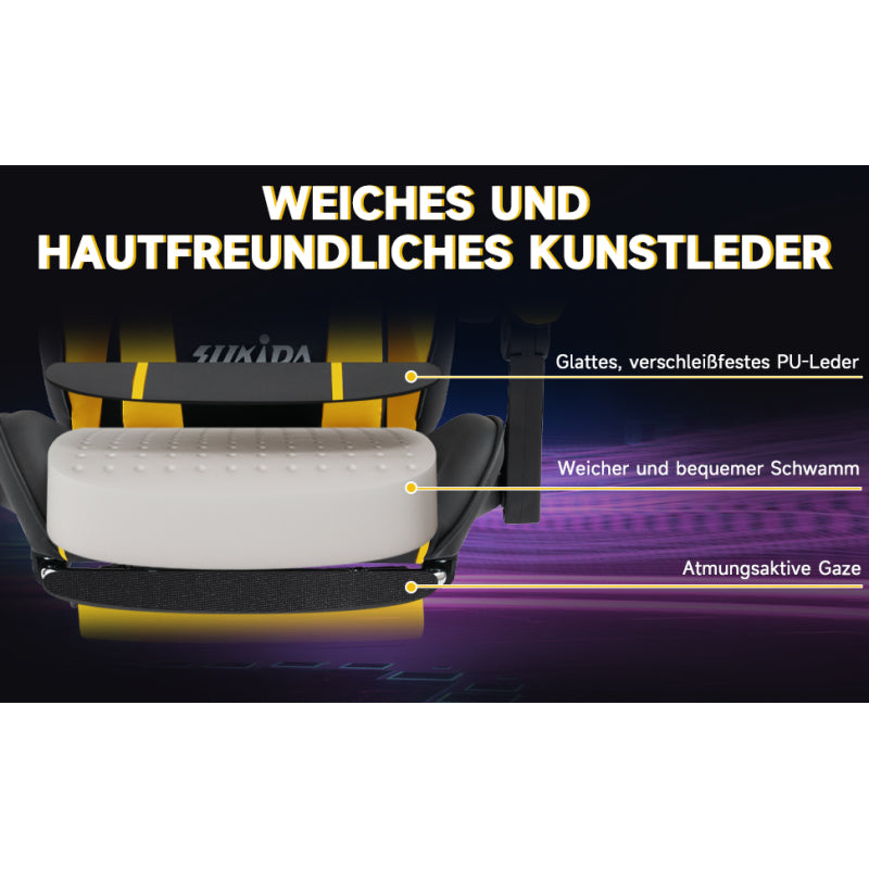 Gaming Stuhl Computerstuhl Ergonomischer Gaming Chair mit Fußstütze Bürostuhl Ergonomischer Computerstuhl mit Lendenwirbelstütze Blackyellow