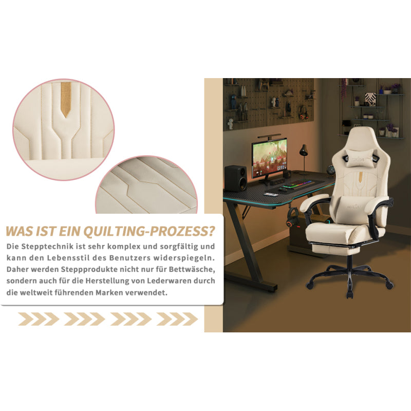 Gaming Stuhl Computerstuhl Ergonomischer Gaming Chair mit Fußstütze Bürostuhl Ergonomischer Computerstuhl mit Lendenwirbelstütze Beige