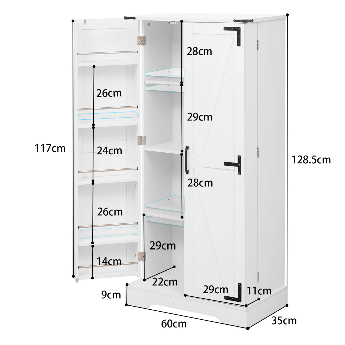 Buffetschrank Weiß 128,5 cm, Hochschrank Landhausstil mit automatischer LED-Beleuchtung, Türregale & Kippschutz