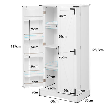 Buffetschrank Weiß 128,5 cm, Hochschrank Landhausstil mit automatischer LED-Beleuchtung, Türregale & Kippschutz