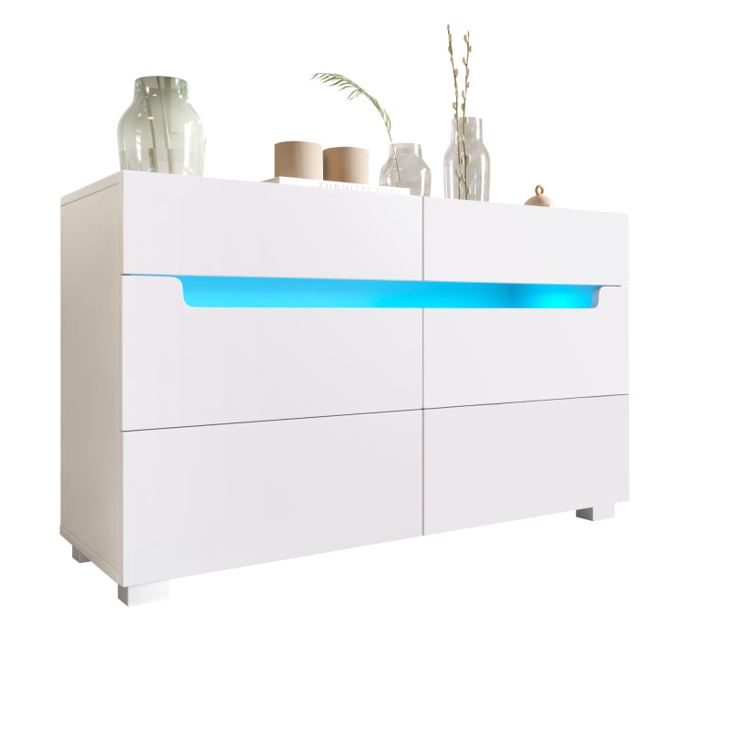 Kommode, Sideboard Holz mit 6 Schubladen, LED Beleuchtung (App Control), Mehrzweckschrank für Wohnzimmer und Schlafzimmer, 71 x 120 x 40 cm, Weiß