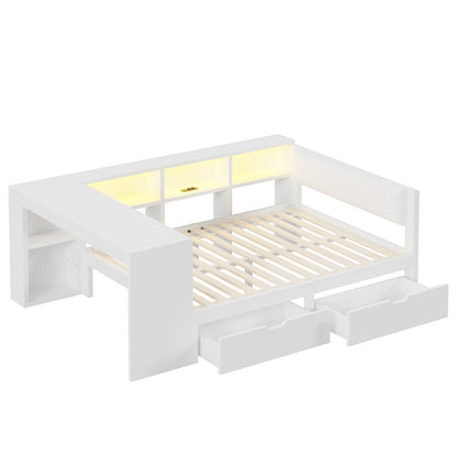 140x200 Holz-Plattformbett mit Ablageflächen, Schubladen, Ladestation und gepolstertem Kopfteil, Mit bunten LED-Leuchten, Weiß