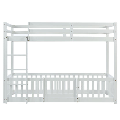 Etagenbett mit rechtwinkliger Treppe, Bett mit Zäune und Türchen, Kinderbett mit Fallschutz und Gitter, Massivholz, weiß (200x90cm)