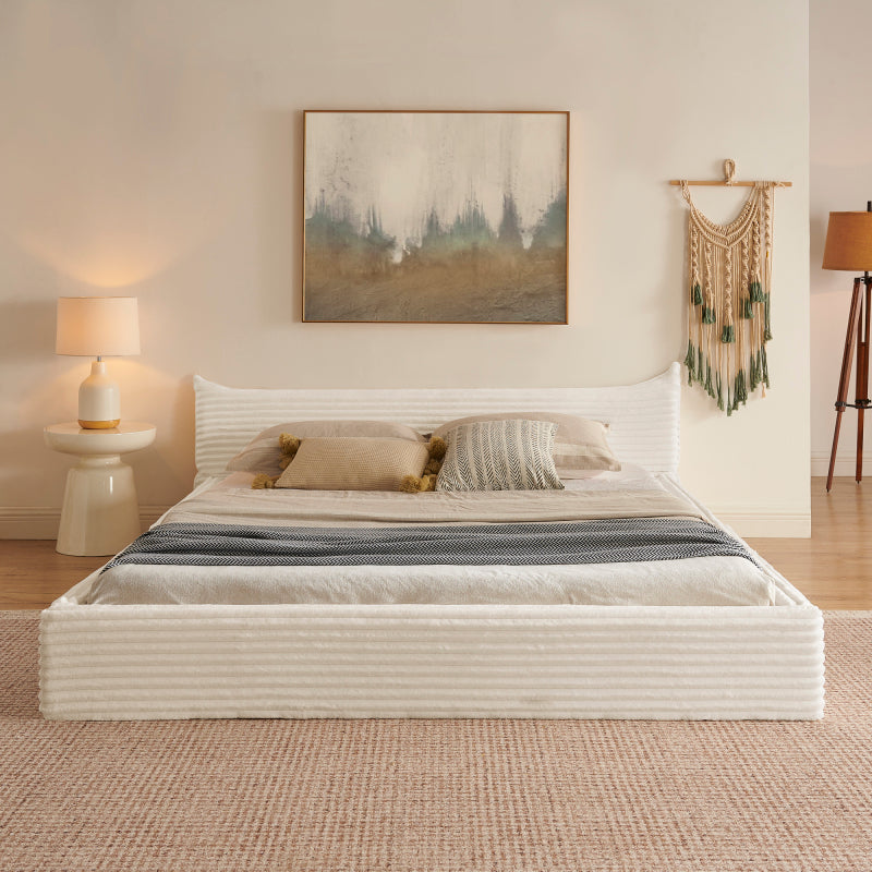 Doppelbett 160x200cm, mit Samtweichem Chenille-Bezug & Elegantem Kleinkantendesign am Kopfende, Beige (ohne Matratze)