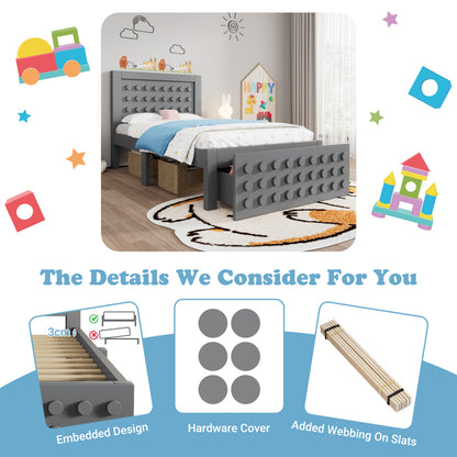 Holzbett Einzelbett 90x200 cm, Kinderbett Jugendbett mit Kreativem Block Design, Massivholz Bettgestell mit Lattenrost, mit Schubladen & Unterm Bett Stauraum, Grau, Ohne Matratze