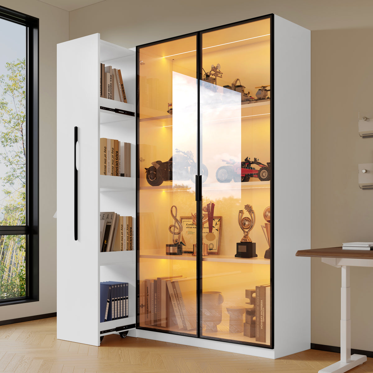 Multifunktionsschrank 110,5x35x160cm - LED-Vitrine mit bernsteinfarbenem Glas, Seitenauszug & Rollen - Weißer Hochschrank im modernen Stil