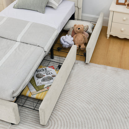 Einzelbett 90×200 cm mit Chenille-Oberfläche & 2 Schubladen, stabiles Bettgestell aus Holz/Metall, ideal für Kinder-, Jugend- & Gästezimmer, Beige (ohne Matratze)