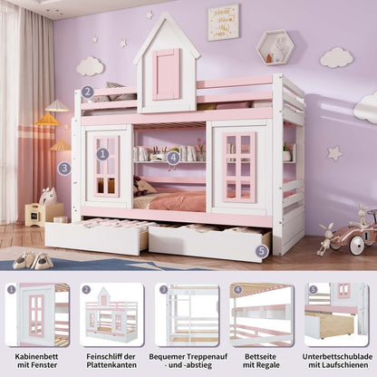 Etagenbett, Prinzessinnenbett, Kinderbett, Kinderbett mit Dach und Fenster, mit Fallschutzgitter, stabiles Geländer, Zwei Schubladen mit Rollen, Offenes Regal, Reichlich Stauraum, Kiefer+MDF,Weiß+Rose