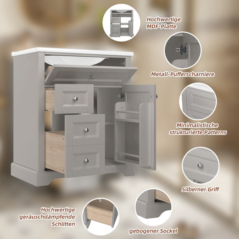 76x46x87cmBodenstehender Badezimmerschrank mit Waschbeck, Waschtisch, feuchtigkeitsbeständig lackiert, Soft-Close-Schubladenführungen, Türregale,ausklappbare Schublade,verstellbare Ablagefläche, grau