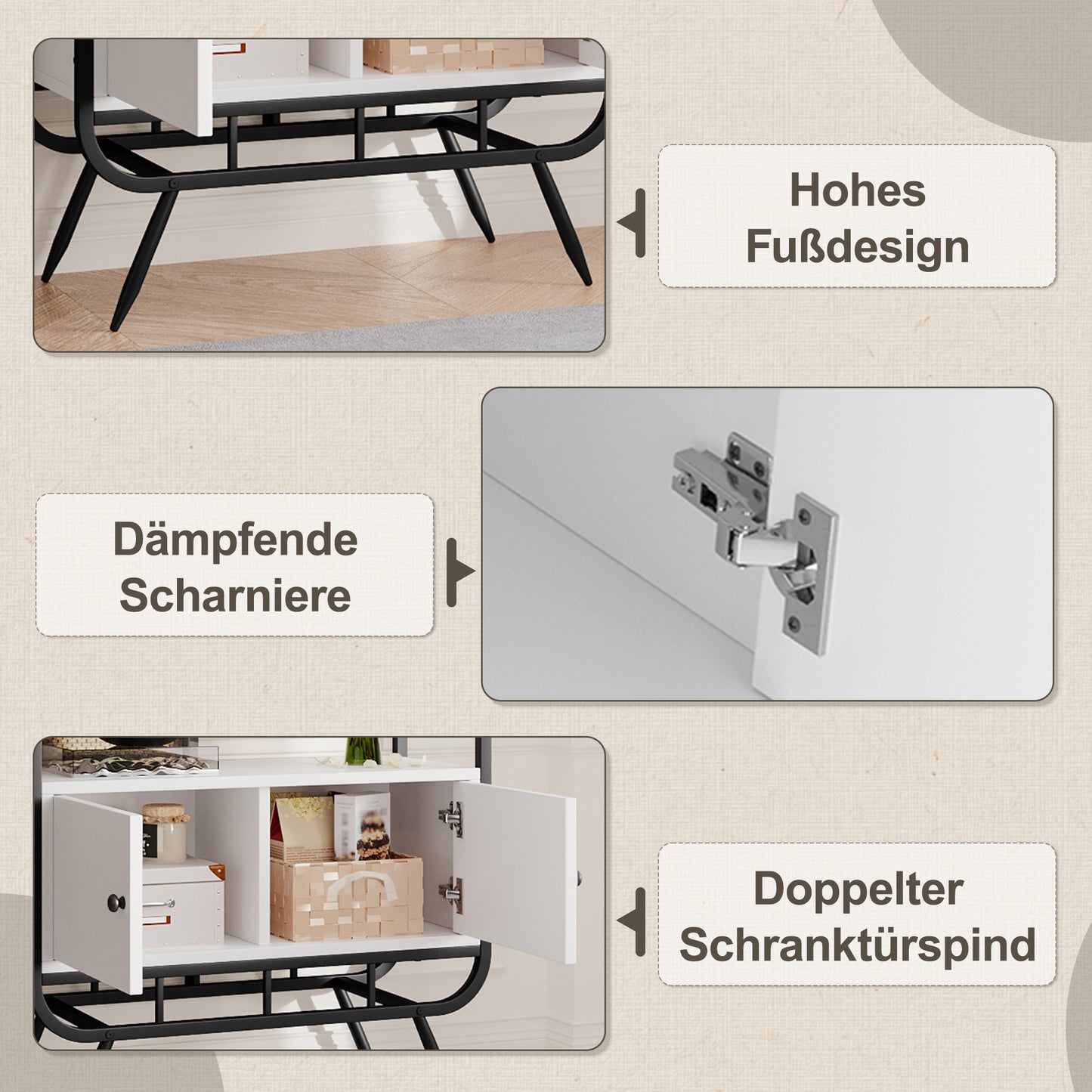 80 x 30 x 180 cm Metallregal, weißer Lagerschrank mit Doppeltür, drei Regalböden, schwarzes Metallregal, hohe Metallfüße, runde Dekoration, weiß + schwarz