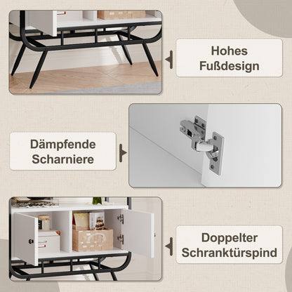 80 x 30 x 180 cm Metallregal, weißer Lagerschrank mit Doppeltür, drei Regalböden, schwarzes Metallregal, hohe Metallfüße, runde Dekoration, weiß + schwarz