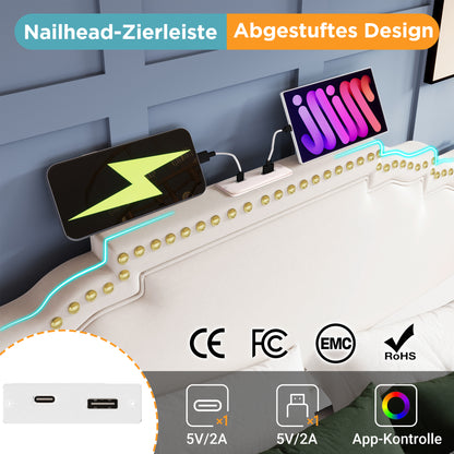 Polsterbett 160x200, Doppelbett mit hydraulischem Stauraum, LED-Beleuchtung und USB-C-Ladeanschluss, Stauraumbett und Jugendbett mit Lattenrost, Samt, Beige, ohne Matratze