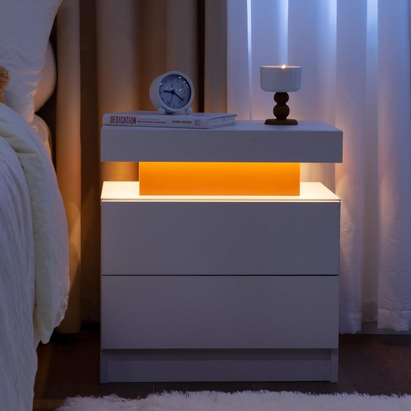 Nightstand LED Bedside Table Cabinet Lights Modern End Side with 2 Drawers for Bedroom (White)