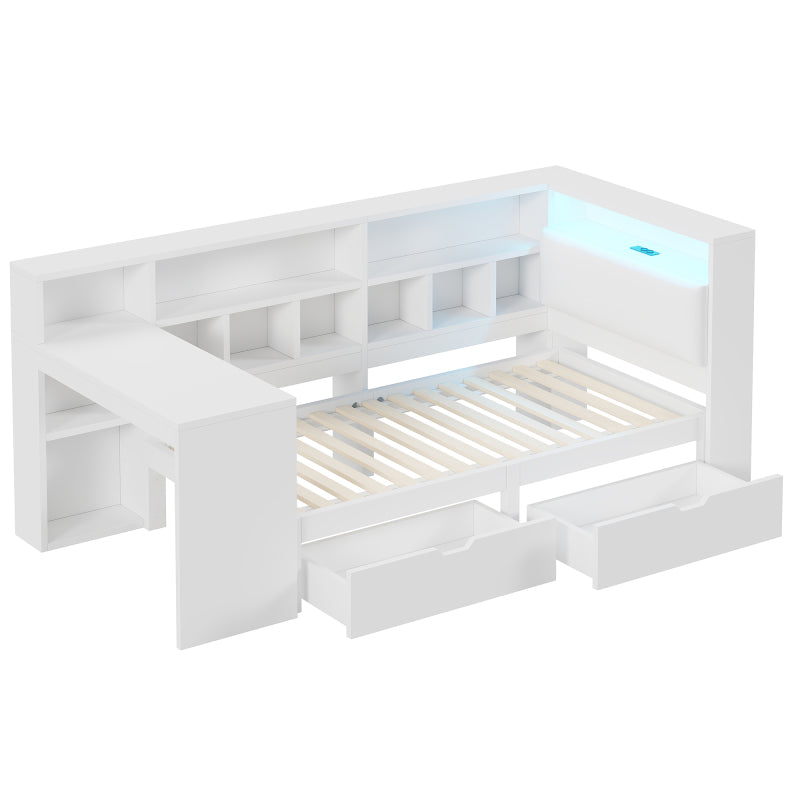 90x200 L-förmiges Holz-Plattformbett mit Schreibtisch und Bücherregal, Eck-Kapitänsbett mit gepolstertem Kopfteil, Schubladen unter dem Bett, LED-Licht - Weiß
