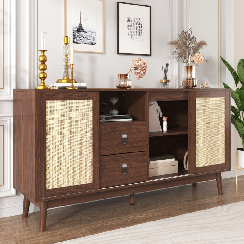 Sideboard mit 3 Schiebetüren aus echtem Rattan und 2 Schubladen, 155x38x80 cm, atmungsaktiv, stabil und vielseitig