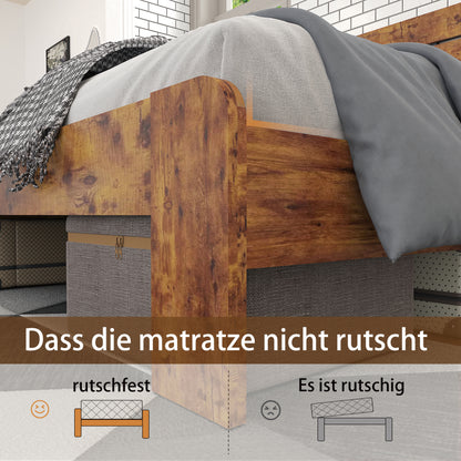 Holz Doppelbett, antikes Holz Bettgestell mit Eisen Lattenrost und hohem Kopfteil, mit Eisenrohrrahmen 140 x 200 cm