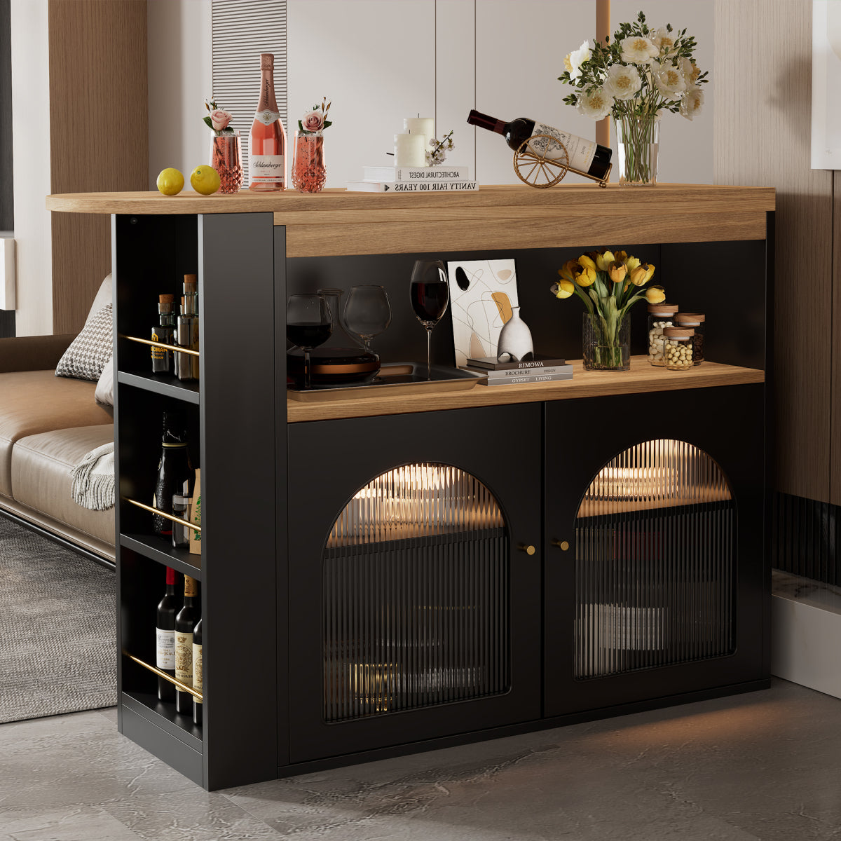 Bartisch ausziehbar 138-193cm, 360° drehbarer Stehtisch mit LED-Beleuchtung & Glasfront, Bistrotisch mit 3 Ablagen, Küchentisch, Schwarz