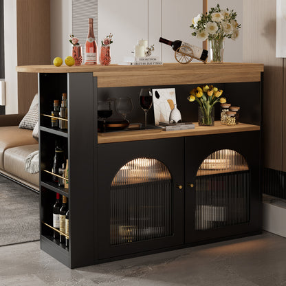 Bartisch ausziehbar 138-193cm, 360° drehbarer Stehtisch mit LED-Beleuchtung & Glasfront, Bistrotisch mit 3 Ablagen, Küchentisch, Schwarz