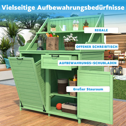 Holz Gartenschrank,Gartenschrank mit Regalen  Outdoor Schrank, Gartenschrank Geräteschuppen Terrassenschrank, Balkonschrank, Gerätehaus, Garten Möbel,Grün