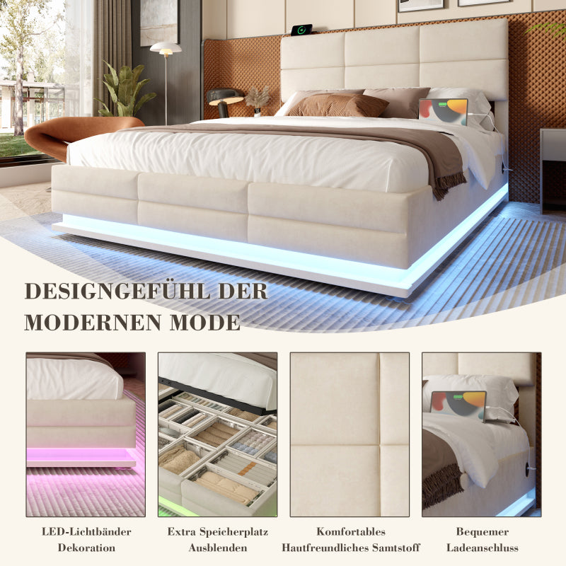 180x200 cm Modernes Velours-Polsterbett mit höhenverstellbarem Kopfteil - Inkl. USB/Type-C-Anschlüssen, LED-Ambientebeleuchtung, hydraulischem Lift-System & XXL-Stauraum (ohne Matratze) - Beige