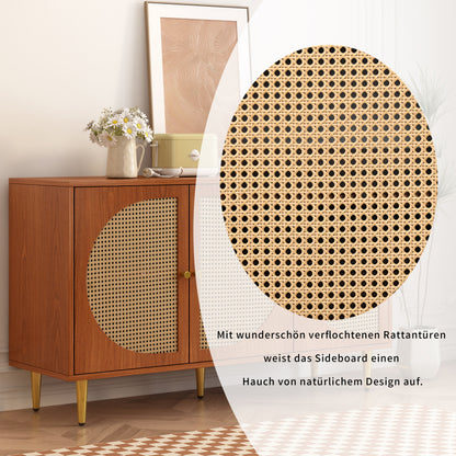 Sideboard mit 3 Rattan verzierten Türen Kommode Highboard mit Metallgriffe, für Schlafzimmer & Wohnräume & Büro, Nussbaum 129.8x 40x 76cm