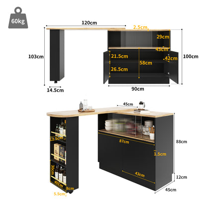 Kücheninsel mit 360° Rotation, Barschrank mit Glasschiebetür & Stauraum, Weiß & Holzoptik, multifunktionaler Küchentisch & Sideboard