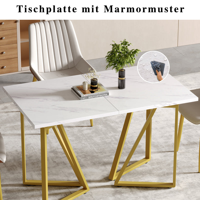 Moderner Esstisch mit Marmor-Muster, erweiterbar, Weiß+Gold