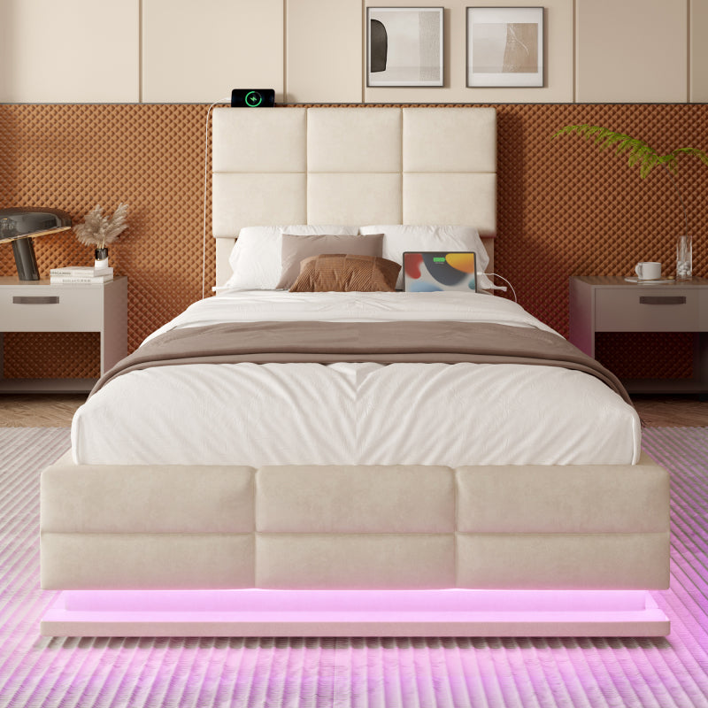 90x200 cm Modernes Velours-Polsterbett mit höhenverstellbarem Kopfteil - Inkl. USB/Type-C-Anschlüssen, LED-Ambientebeleuchtung, hydraulischem Lift-System & XXL-Stauraum (ohne Matratze) - Beige