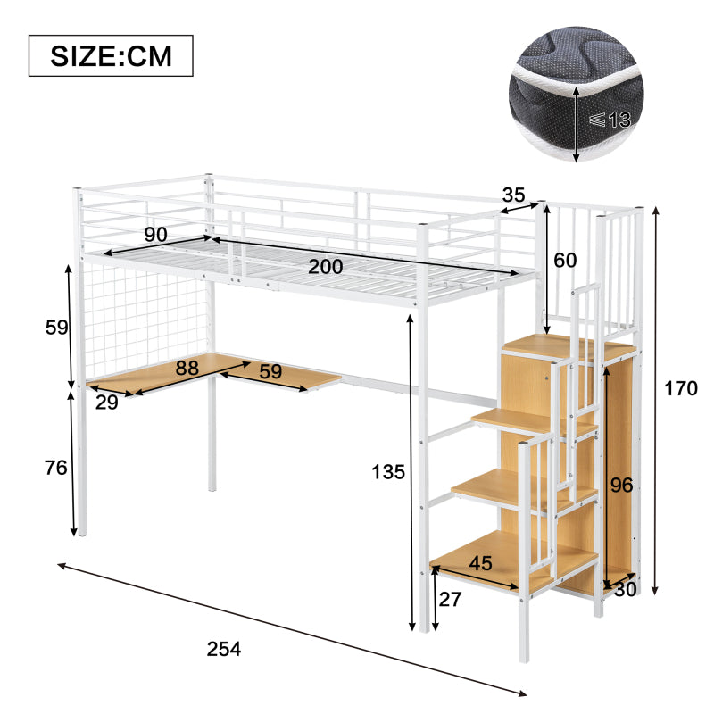 Eisenbett, Etagenbett, Hochbett, Geeignet für Kinder und Jugendliche, mit Tisch und Kleiderschrank, Seitenleiter mit Handlauf, Eisen+Spanplatte, Weiß+Natur, 90x200cm
