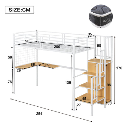 Eisenbett, Etagenbett, Hochbett, Geeignet für Kinder und Jugendliche, mit Tisch und Kleiderschrank, Seitenleiter mit Handlauf, Eisen+Spanplatte, Weiß+Natur, 90x200cm