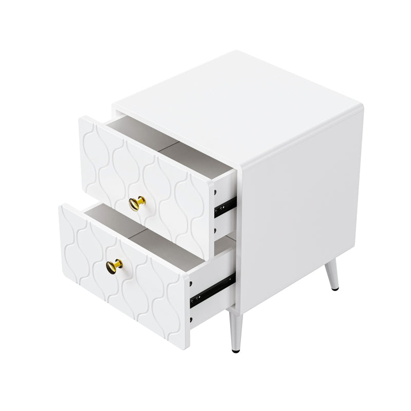 Moderner Nachttisch, vergoldete Griffe, Wellenmuster, 2er-Set, mit 2 Schubladen, lackiert, Ecken mit stoßfestem Design, 39,5 B*40 T*50 H cm, Weiß