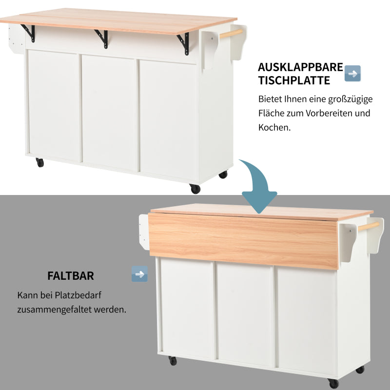 139x46(71)x91,5 cm großer Esswagen/Anrichte, Korpus weiß + Arbeitsplatte in Massivholzmaserung, klappbare Arbeitsplatte, Ablagetür, Rollen, auswechselbare Massivholzfüße, geeignet für Esszimmer, Küche
