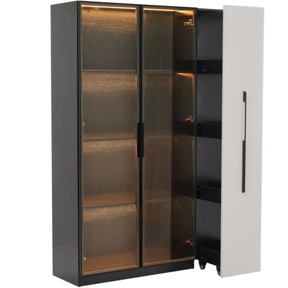 Multifunktionsschrank 110,5x35x160 cm, Schwarz-Weiß: Moderne Vitrine mit Glastür, LED, Seitenauszug, Rollschrank, ideal für Bücher, Bad, Esszimmer.
