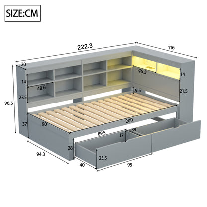 Massivholz-Einzelbett 90x200 Weiß mit LED & USB-Steckdose - Multifunktionales Schlafsofa mit Regalen, Ablagefächern & viel Stauraum, Grau