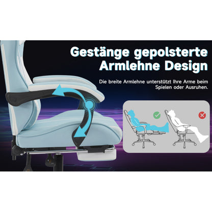 Gaming Stuhl Computerstuhl Ergonomischer Gaming Chair mit Fußstütze Bürostuhl Ergonomischer Computerstuhl mit Lendenwirbelstütze Bluewhite