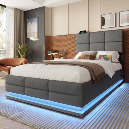 90x200 cm Modernes Velours-Polsterbett mit höhenverstellbarem Kopfteil - Inkl. USB/Type-C-Anschlüssen, LED-Ambientebeleuchtung, hydraulischem Lift-System & XXL-Stauraum (ohne Matratze) - Gray
