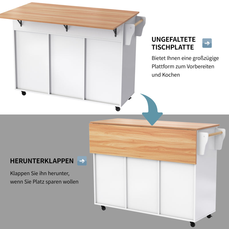 129x46(71)x91,5 cm großer Speisewagen/Sideboard, Arbeitsplatte mit Massivholzmaserung + Weiß Schrank/faltbare Arbeitsplatte/Aufbewahrungstür-Design/Räder/Massivholzfüße umschaltbar/für Zuhause geeig