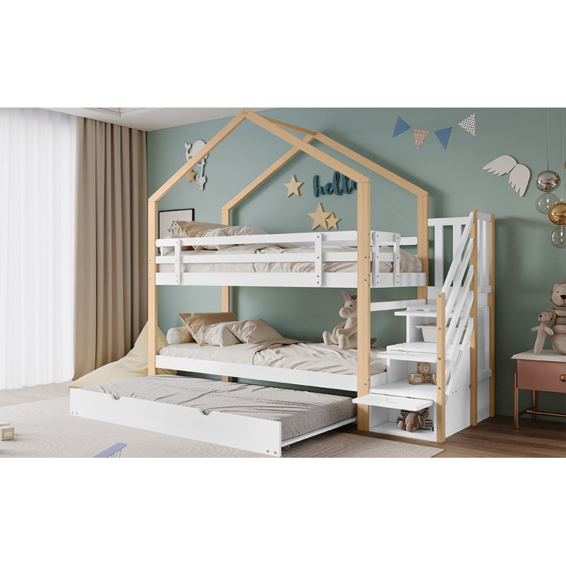 Etagenbett, Ausziehbares Baumhausbett, Schiebebett, Treppe mit 3 Schubladen, Kinderbett mit Absturzsicherung und Kinderbettgitter, mit Lattenroste, Natur+Weiß (90x200cm&90x190cm) [30813567NAA]