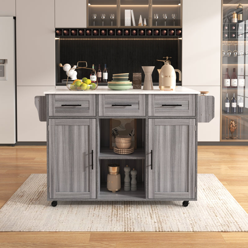 139x46(71)x91.5 cm großer Servierwagen/Beistellschrank, graues Massivholz-Furnier für den Korpus + weiße Marmor-Furnierdekoration für die Arbeitsplatte, Schrank/klappbare Arbeitsfläche/Stauraumtüren/r